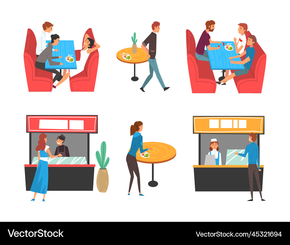 People sitting at tables and eating fast food set People sitting at tables and eating fast food set vector image