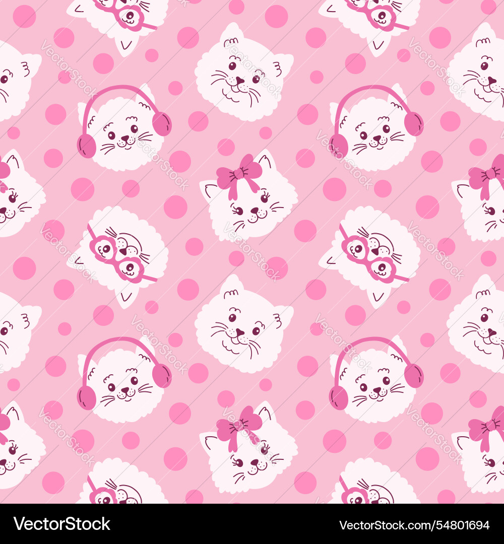 Seamless pattern with cat faces and dots vector image