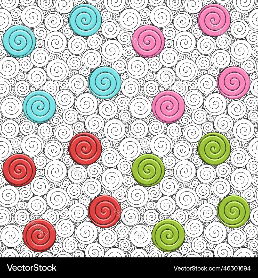 Set of seamless patterns with swirls and candies Set of seamless patterns with swirls and candies Vector Image