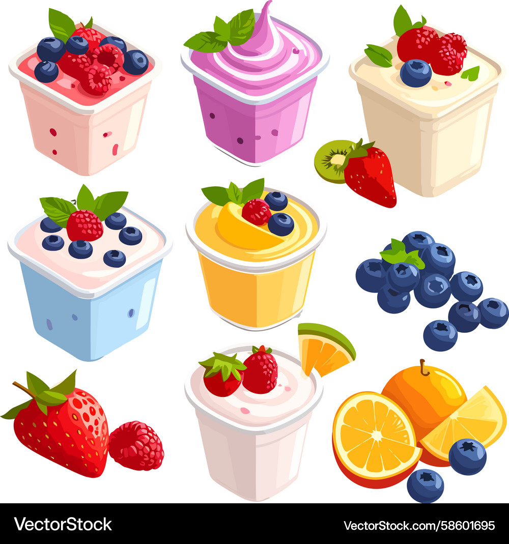 Fruit Yogurt Collection - Isometric – Royalty-Free Vector | VectorStock, image size:1000x1069