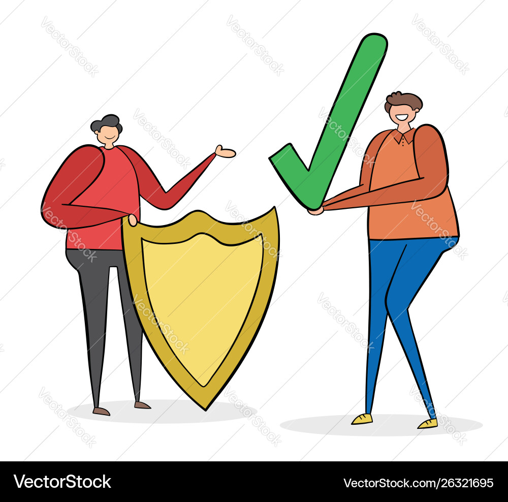 Man with shield and other holding check mark Man with shield and other holding check mark vector image