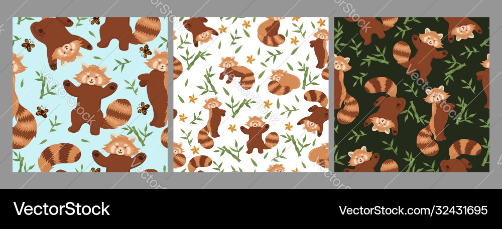 Set seamless patterns with red pandas Set seamless patterns with red pandas vector image
