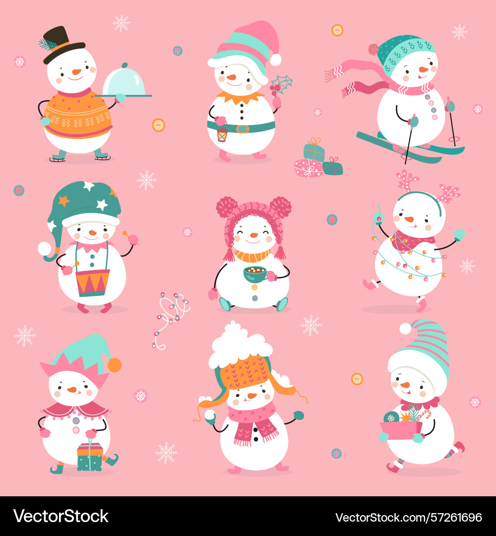 Cartoon snowman funny snowmen different poses Cartoon snowman funny snowmen different poses Vector Image