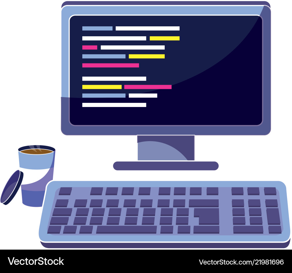Computer with programming code and hot coffee Computer with programming code and hot coffee vector image