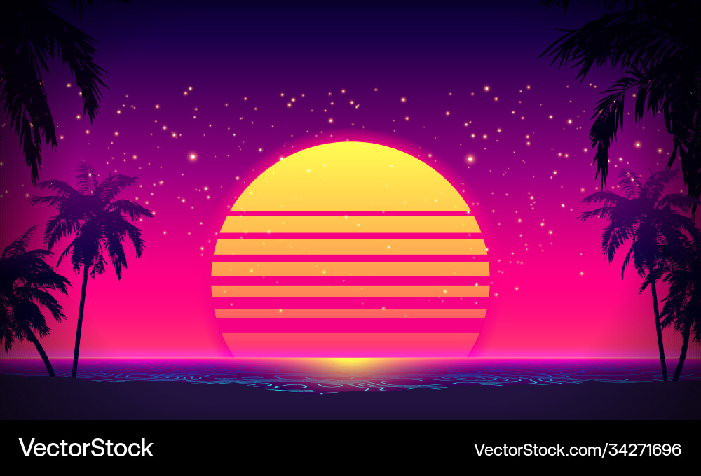 Retro 80s style tropical sunset with palm tree Retro 80s style tropical sunset with palm tree vector image