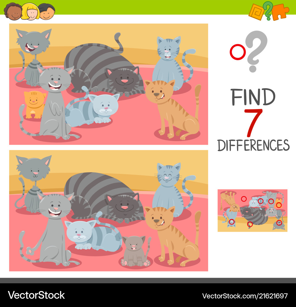 Find differences game with cat characters Find differences game with cat characters vector image