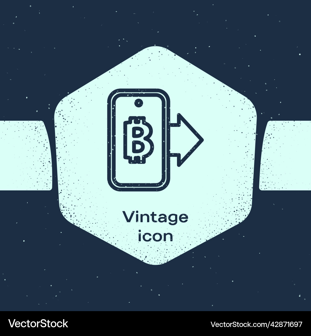 Grunge line mining bitcoin from mobile icon Vector Image