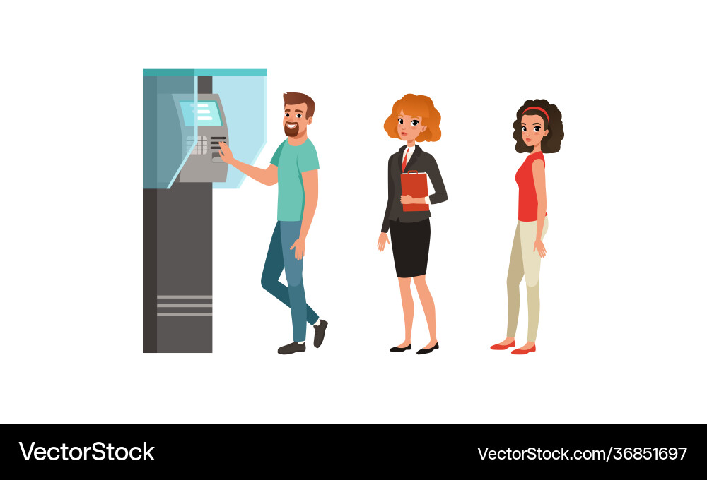People characters standing in queue near atm People characters standing in queue near atm vector image