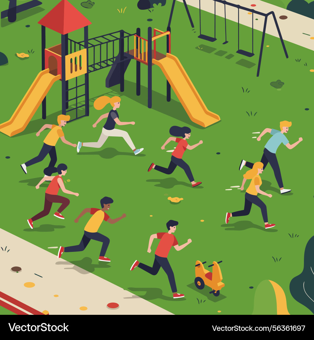 People running on playground with slide and swing Vector Image