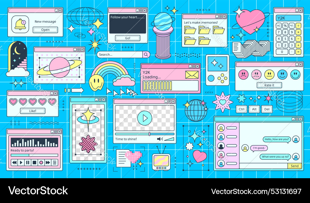 Retro y2k computer windows pages in pc interface Retro y2k computer windows pages in pc interface vector image