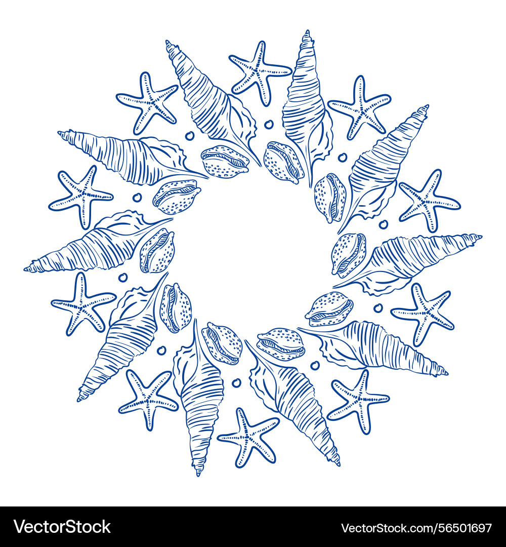 Seashells and starfish create a circular design Vector Image