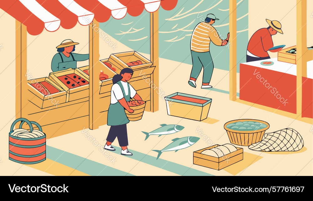 Seaside fishmonger with fresh catch on display Vector Image