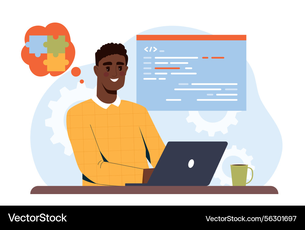 Smiling developer working on laptop Smiling developer working on laptop Vector Image