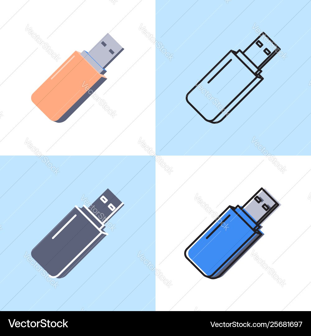 Usb flash drive icon set in flat and line style Usb flash drive icon set in flat and line style vector image
