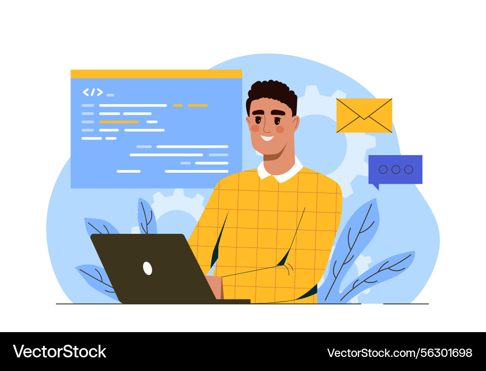 Lächelnder Programmierer an seinem Computerschalter Lächelnder Programmierer an seinem Computerschalter vektorbild