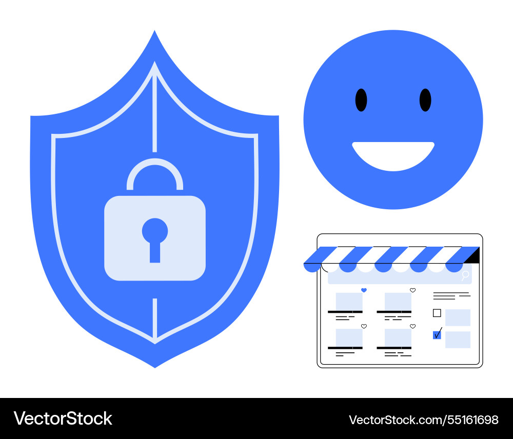 Web security shield with lock happy face emotion Vector Image