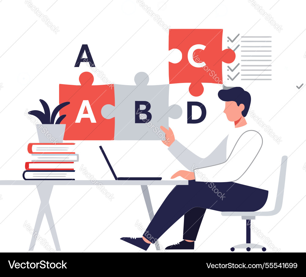 Man assembling puzzle pieces while working Man assembling puzzle pieces while working vector image