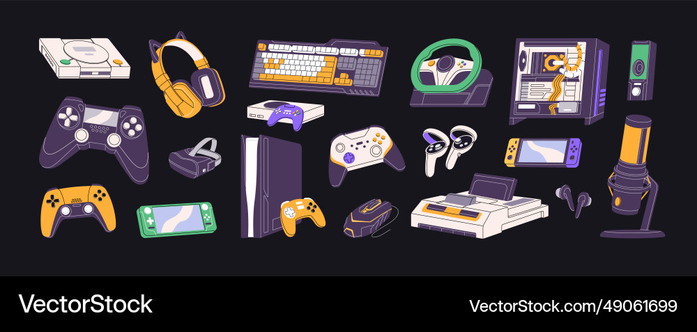 Videogame equipment set game console computer Videogame equipment set game console computer vector image