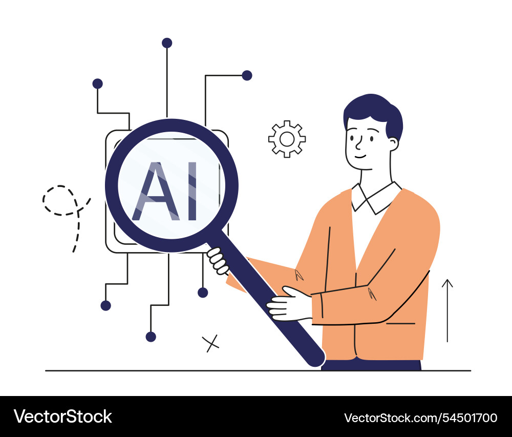 Artificial intelligence apps man with loupe look Artificial intelligence apps man with loupe look vector image