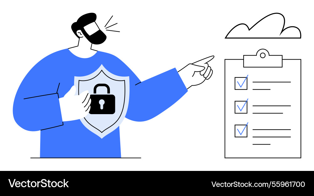 Man with security shield pointing at checklist Man with security shield pointing at checklist Vector Image