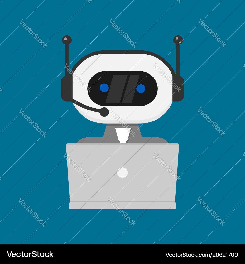 Robot working behind laptop Robot working behind laptop vector image