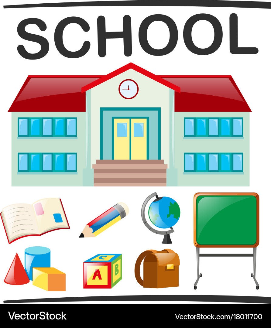 School set with building and objects vector image