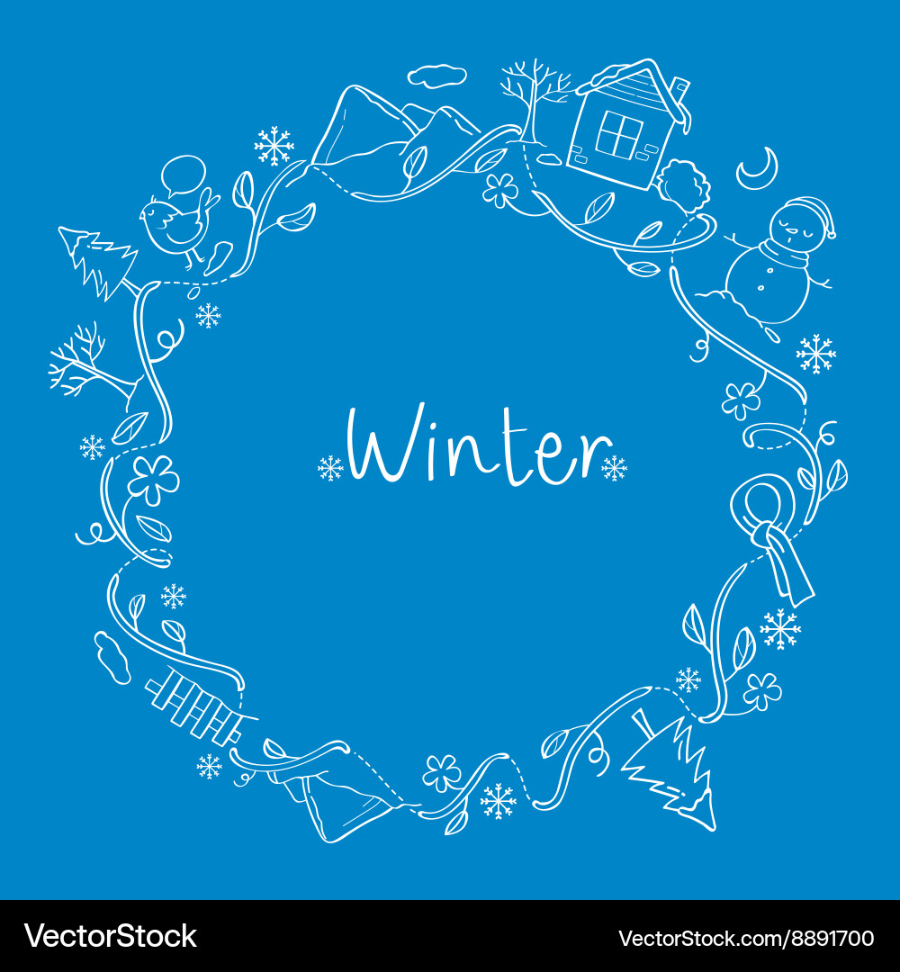 Winter outline objects on round frame vector image
