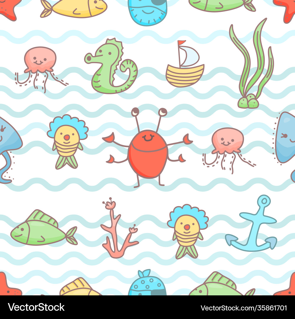 Cute sea creatures seamless pattern Cute sea creatures seamless pattern vector image