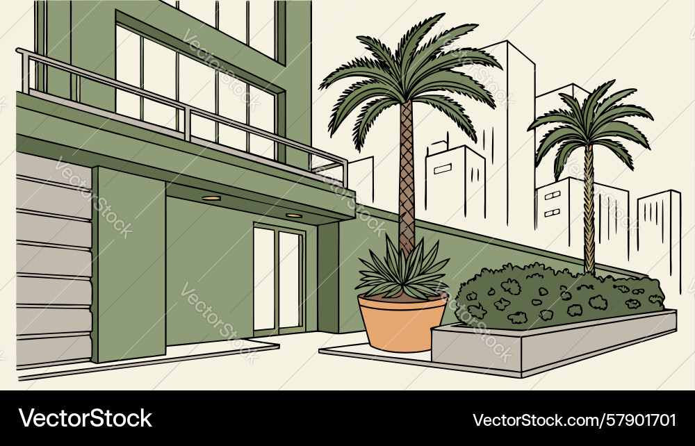 Modern building green spaces and palm trees Vector Image