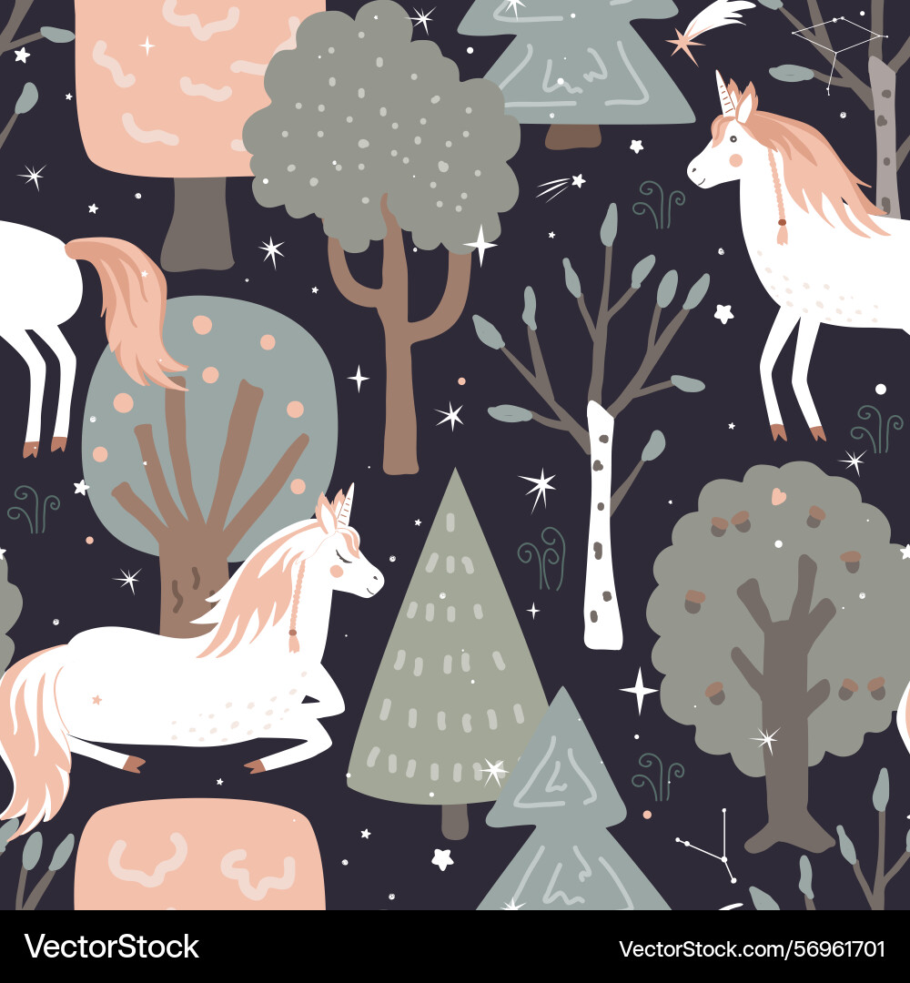 Seamless pattern with unicorns and magic vector image