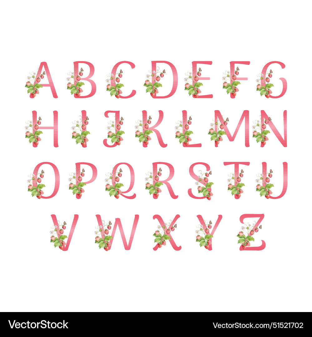 Red alphabet set with watercolor strawberry Red alphabet set with watercolor strawberry Vector Image