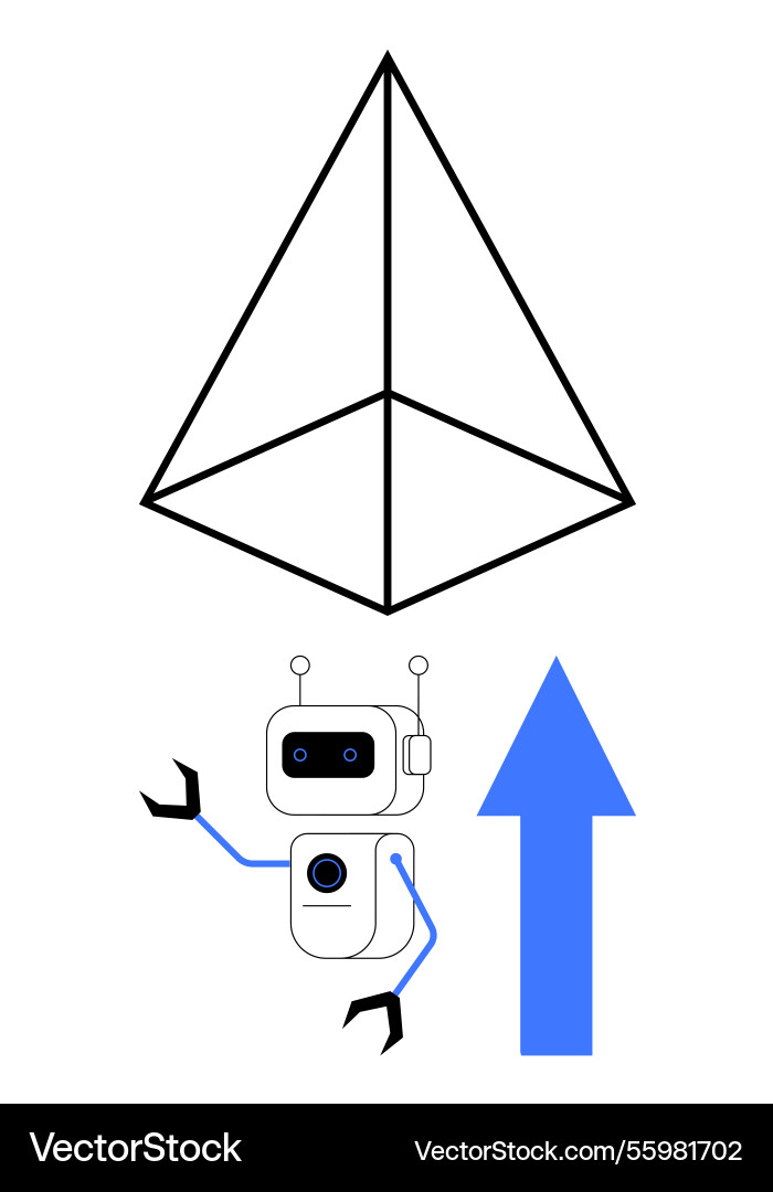 Robot gesturing toward abstract geometric pyramid Robot gesturing toward abstract geometric pyramid vector image