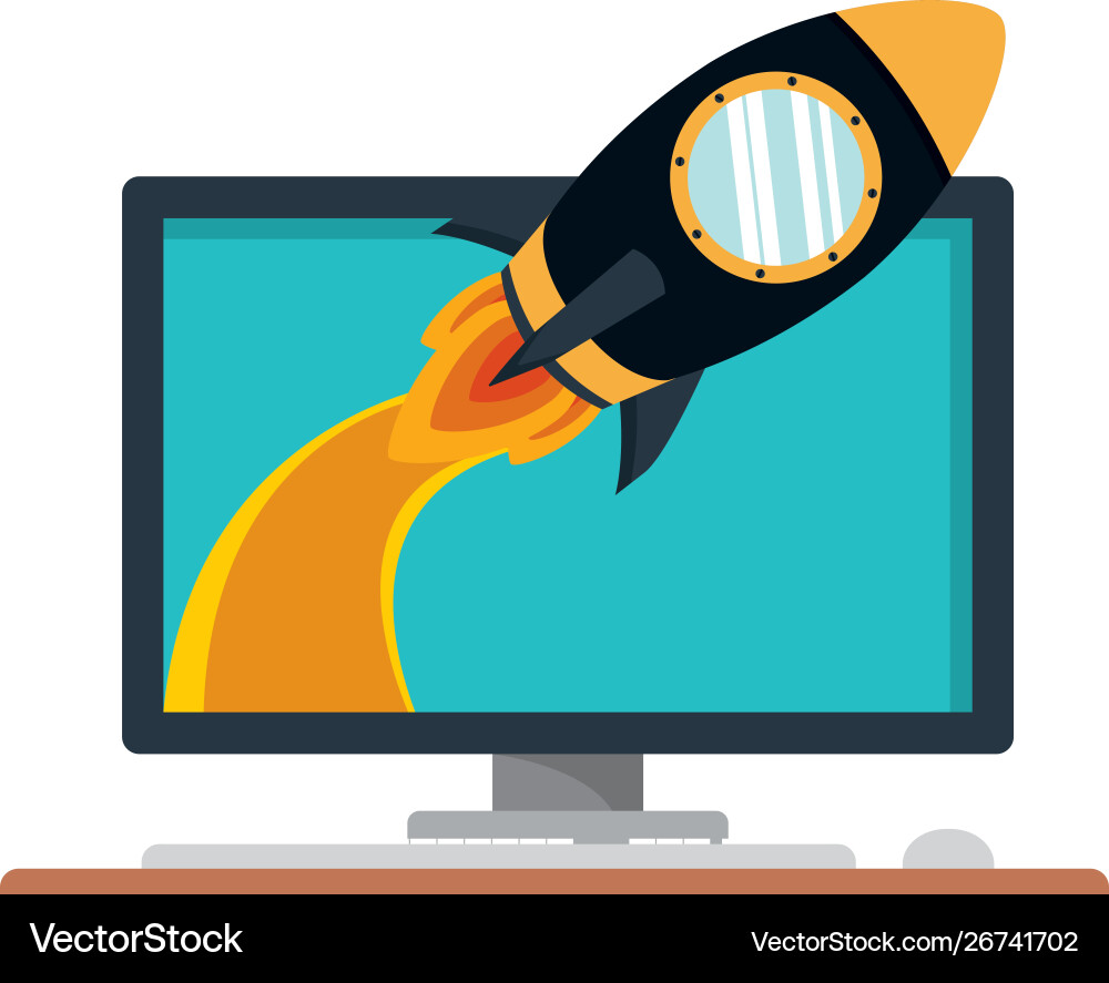 Rocket coming out computer screen desktop vector image