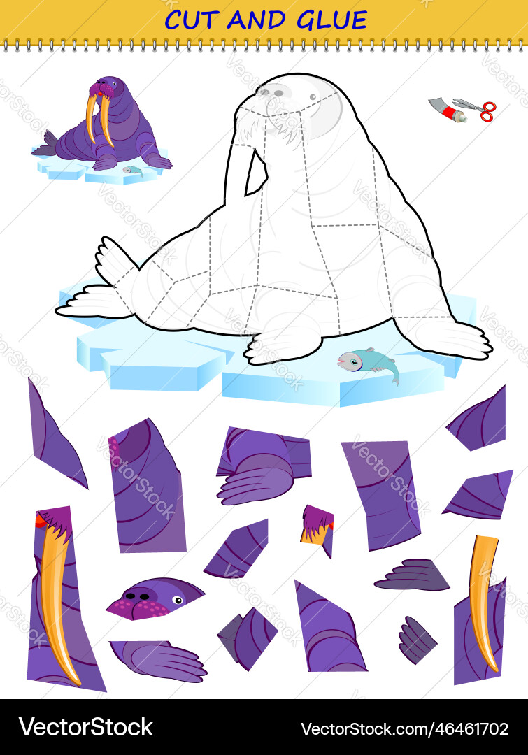 Use a scissors to cut and glue walrus educational Use a scissors to cut and glue walrus educational vector image