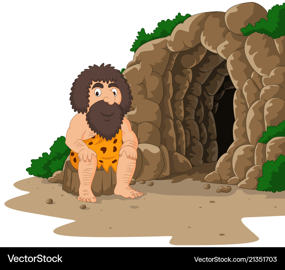 Cartoon caveman sitting with cave background Vector Image