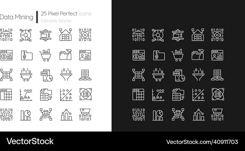 Data mining linear pixel perfect icons set Data mining linear pixel perfect icons set vector image