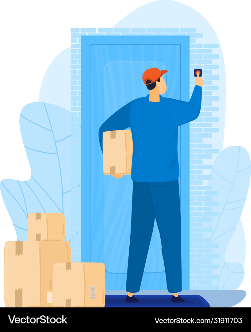 Man character postman hold package box express Man character postman hold package box express Vector Image