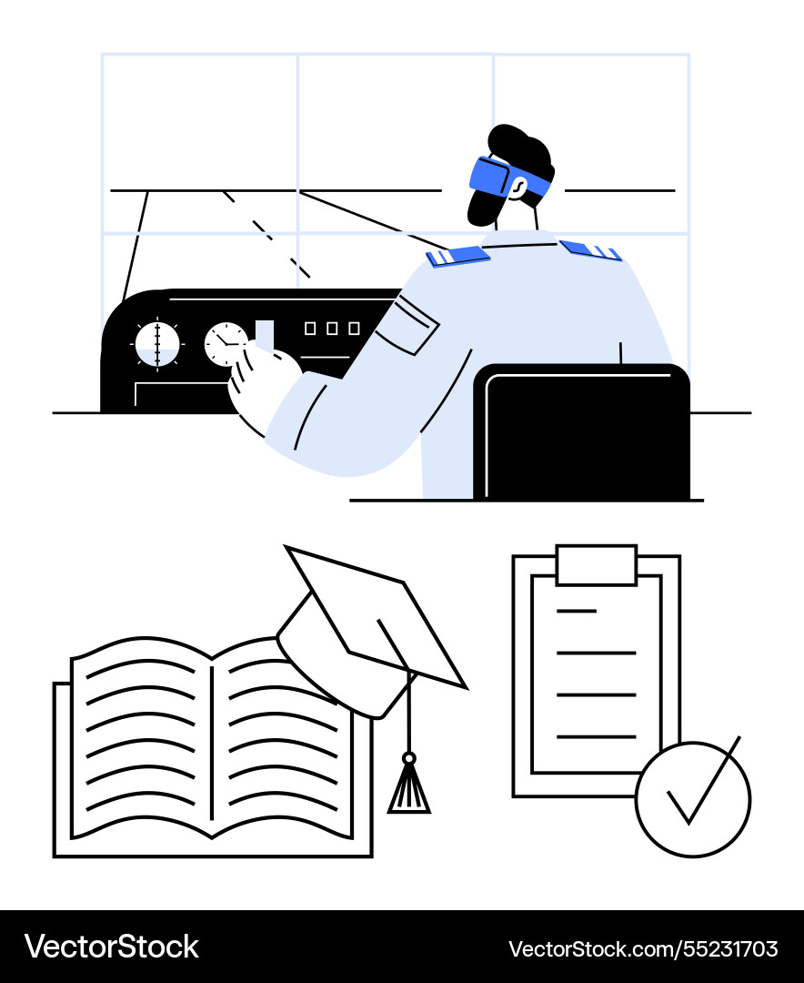 Pilot training with cockpit simulation open book Pilot training with cockpit simulation open book vector image