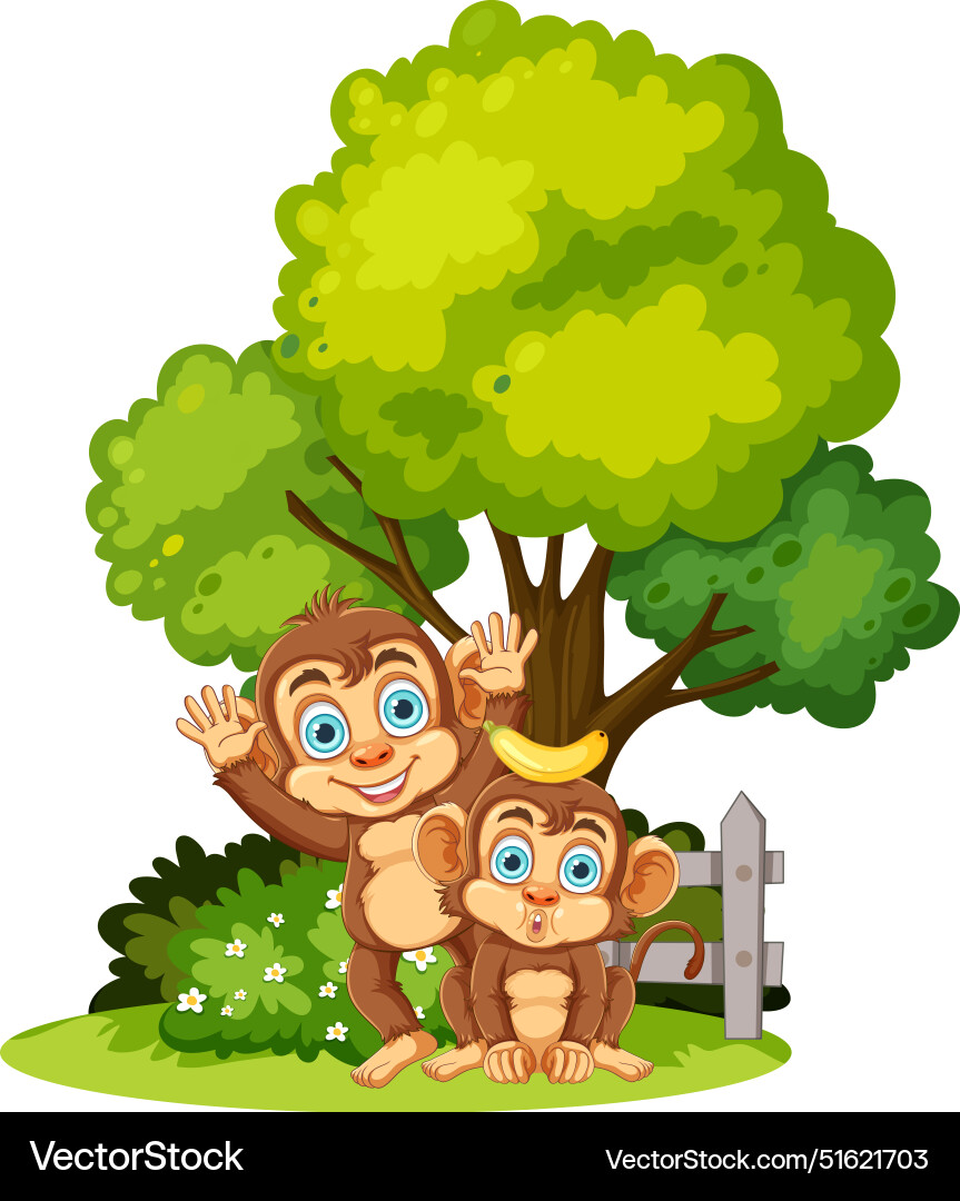 Two monkeys playing under a tree Vector Image