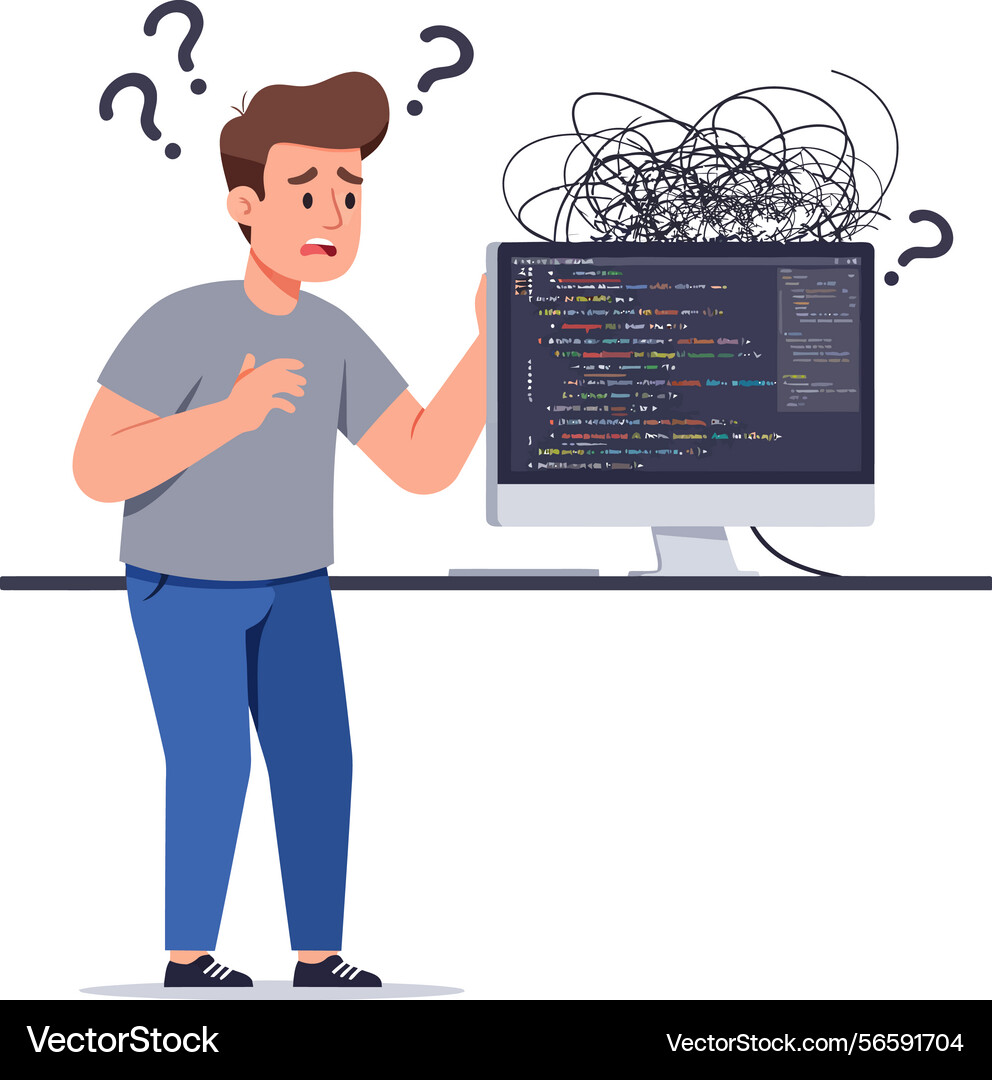 Confused programmer looking at tangled code Confused programmer looking at tangled code vector image