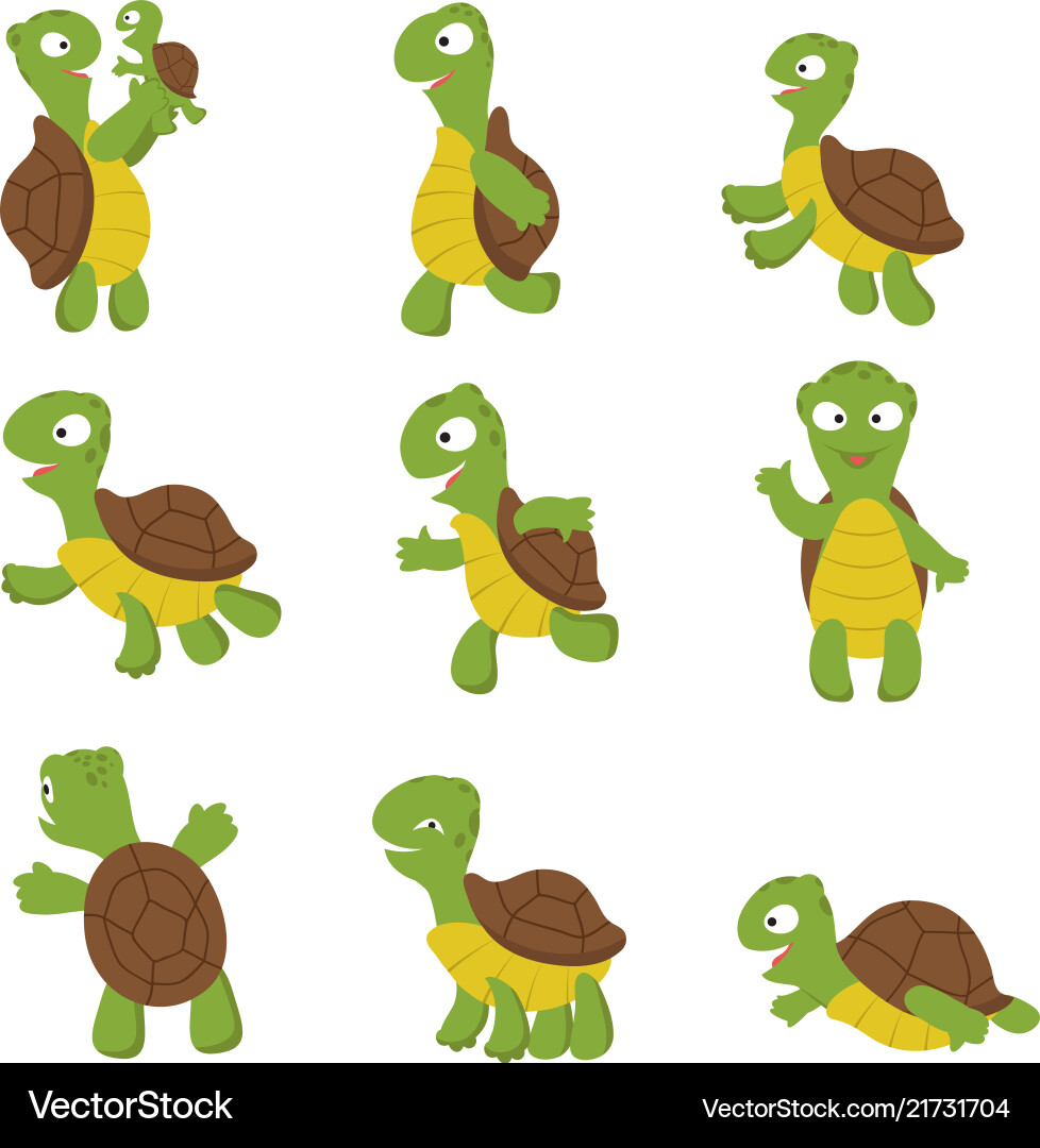 Cute turtle green tortoise child in various poses Cute turtle green tortoise child in various poses vector image