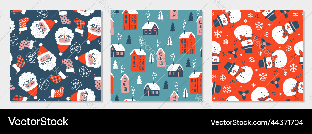 Festive Christmas Patterns - Santa, Snowman, House Vector Image