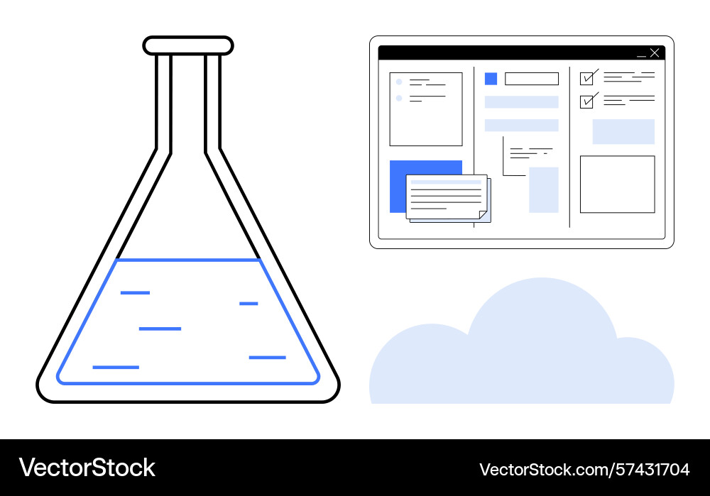 Laboratory flask with interface screen and cloud Laboratory flask with interface screen and cloud vector image