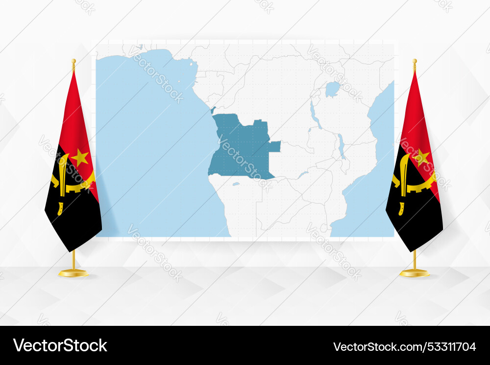 Map of angola and flags on flag stand vector image