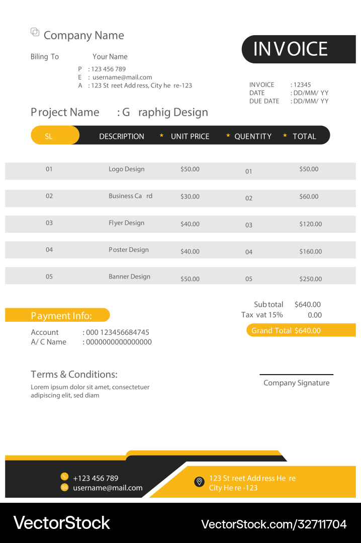 Minimal yellow and black invoice template design Vector Image