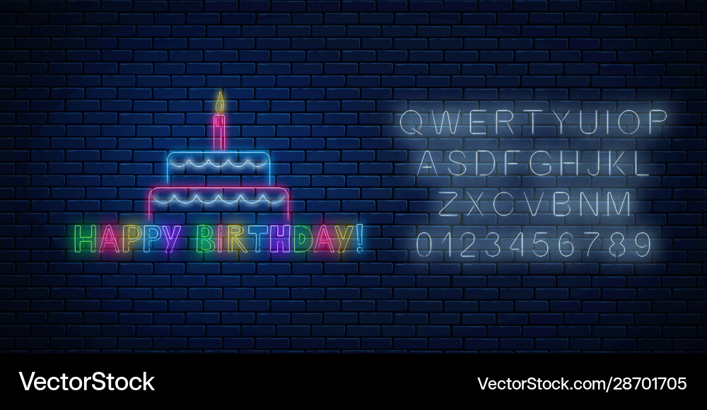 Happy birthday glowing neon sign with cake candle Happy birthday glowing neon sign with cake candle vector image
