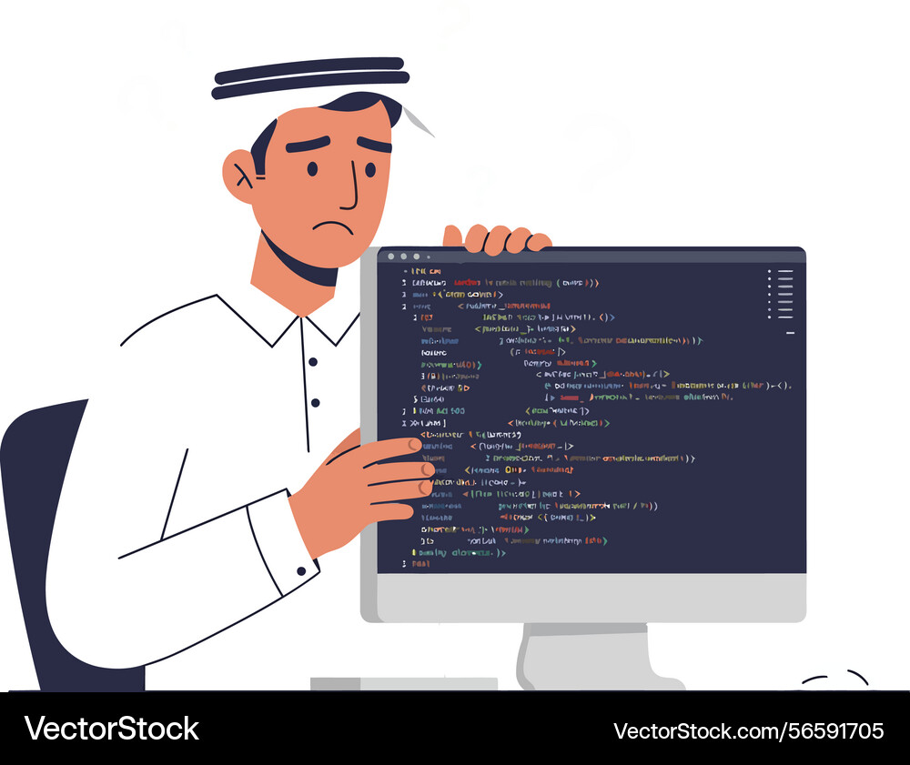 Programmer man showing computer screen with code Programmer man showing computer screen with code vector image