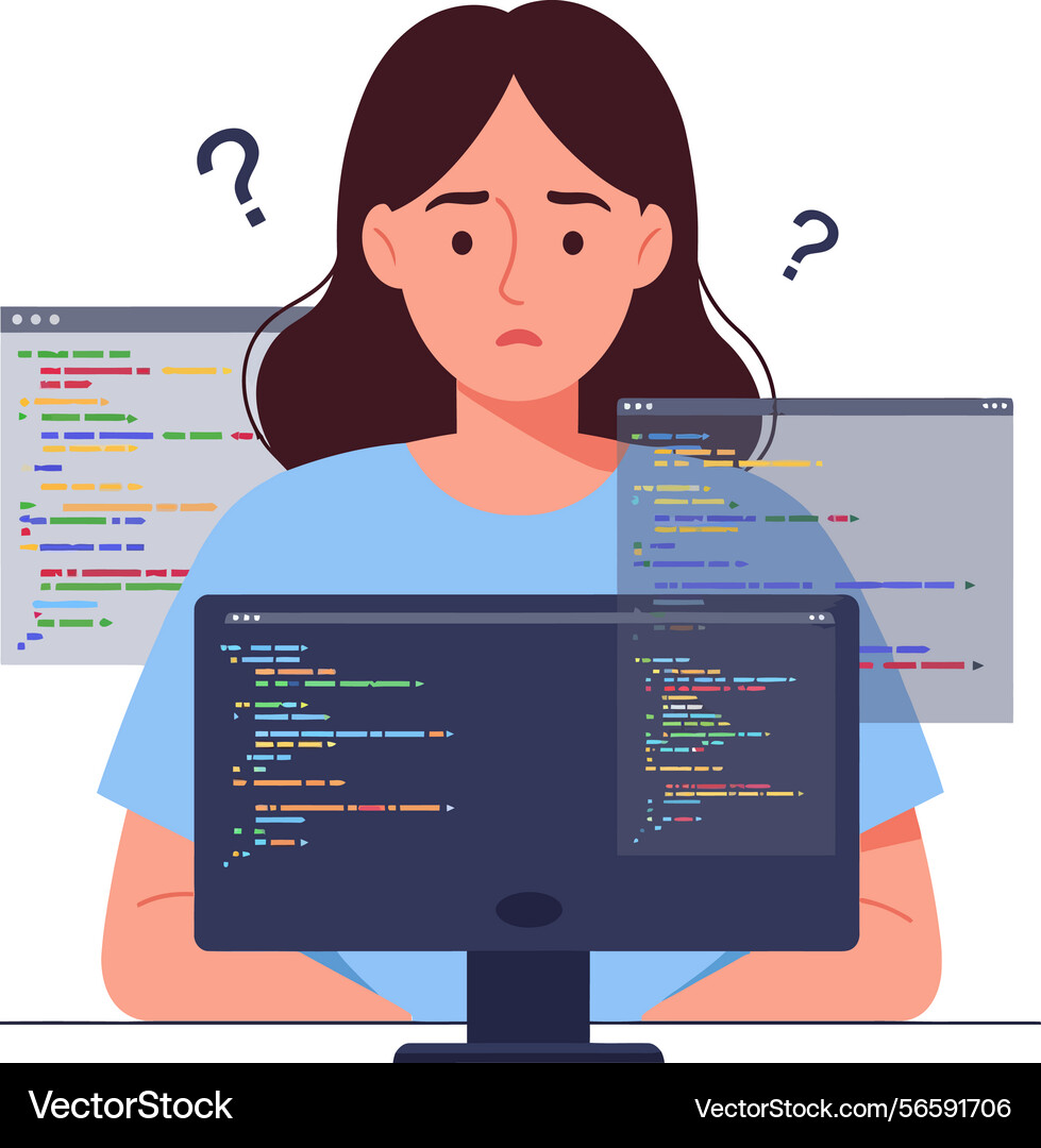 Confused woman programmer coding on computer Confused woman programmer coding on computer vector image