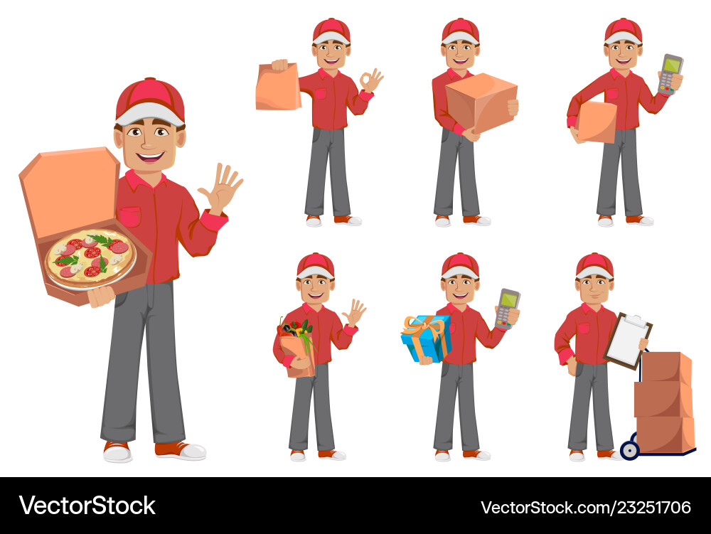 Courier man in red uniform handsome delivery Courier man in red uniform handsome delivery vector image