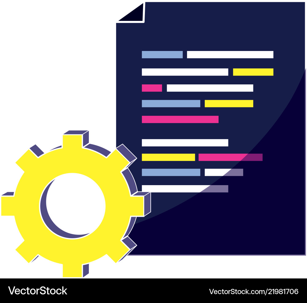 Document with programming code and industry gear Document with programming code and industry gear vector image